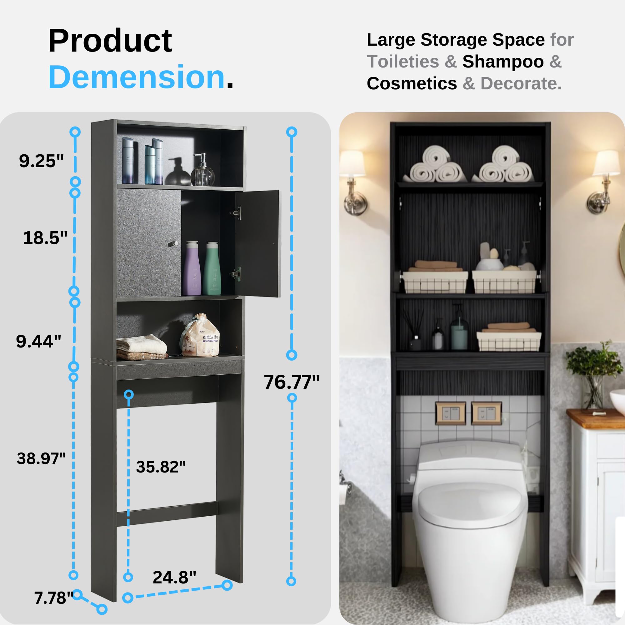 Tydaris Over The Toilet Storage Cabinet - Wood Over Toilet Bathroom Cabinet with Adjustable Shelf and Double Doors, Bathroom Space Saver Organizer, Taller Free Standing Toilet Rack, Black