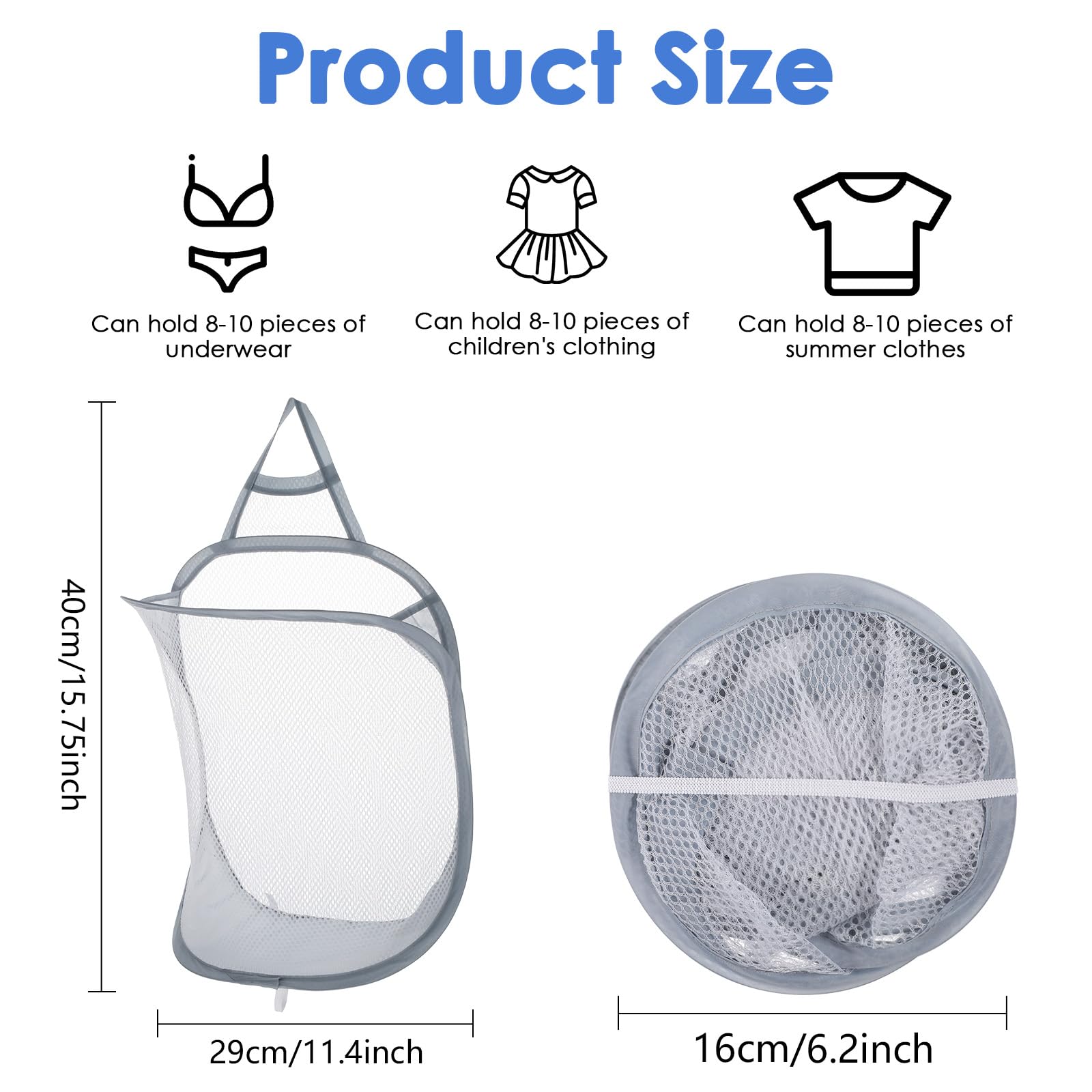 Molain Mesh Collapsible Small Wall Laundry Baskets, Hanging Laundry Hamper Hanging Clothes Hamper Baskets for Home Hotel Travel Camping University Dormitory(White+Grey)