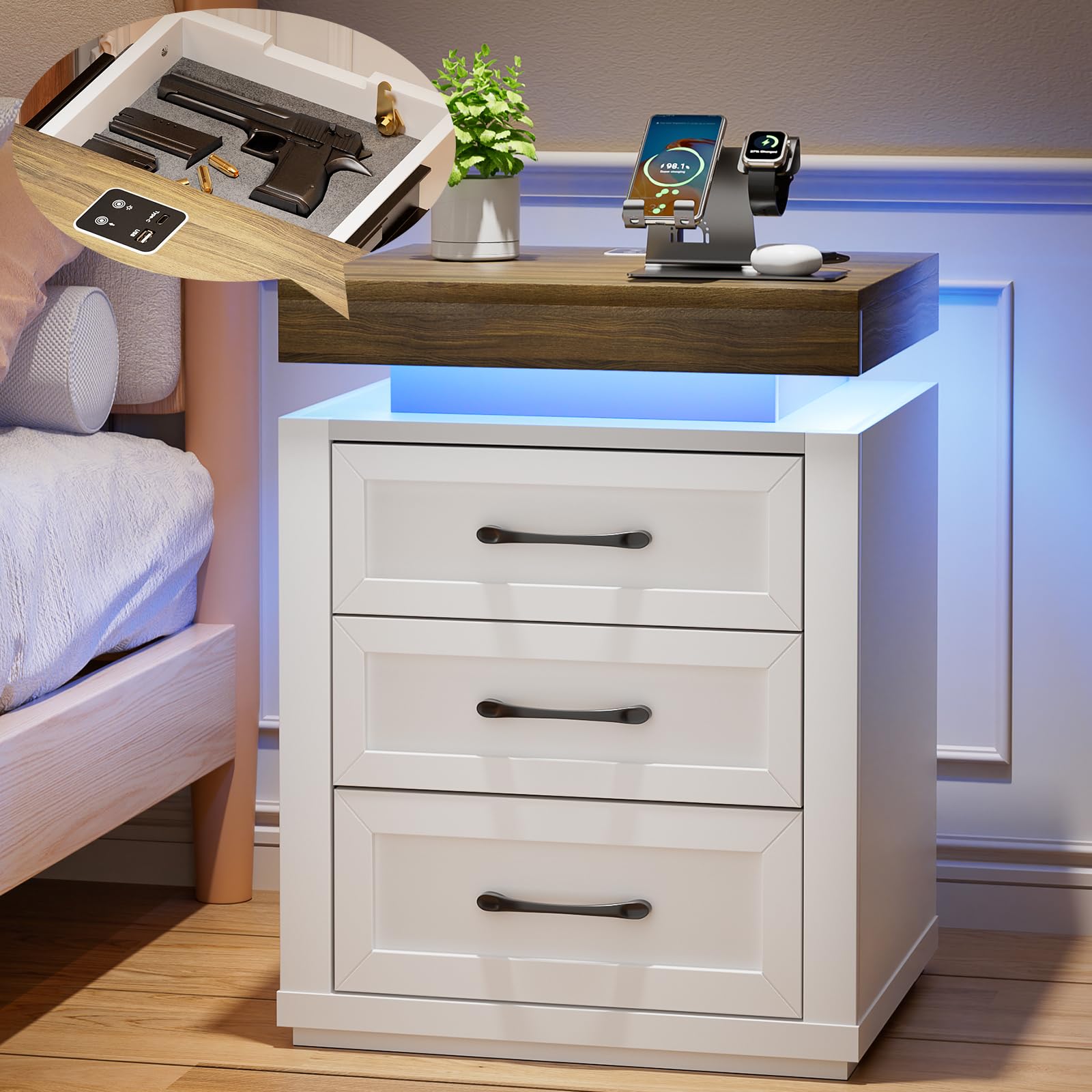 BROTTAR Nightstand with Gun Drawer, Farmhouse LED Bedside Table with Charging Station, Human Sensor, Smart Nightstand with Locking Drawer for Bedroom, Office