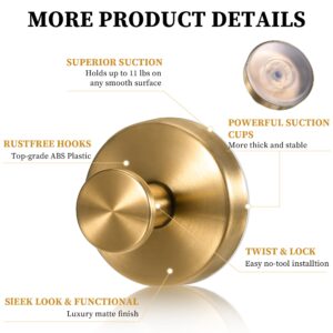 WIXUIPR Suction Cup Hooks for Shower Towel Loofah Robe Hooks for Bathroom Kitchen Stainless Steel Waterproof No Drill Suction Cup Hook Hanging on Shower Glass Door Mirror Tile (2, Brushed Gold)