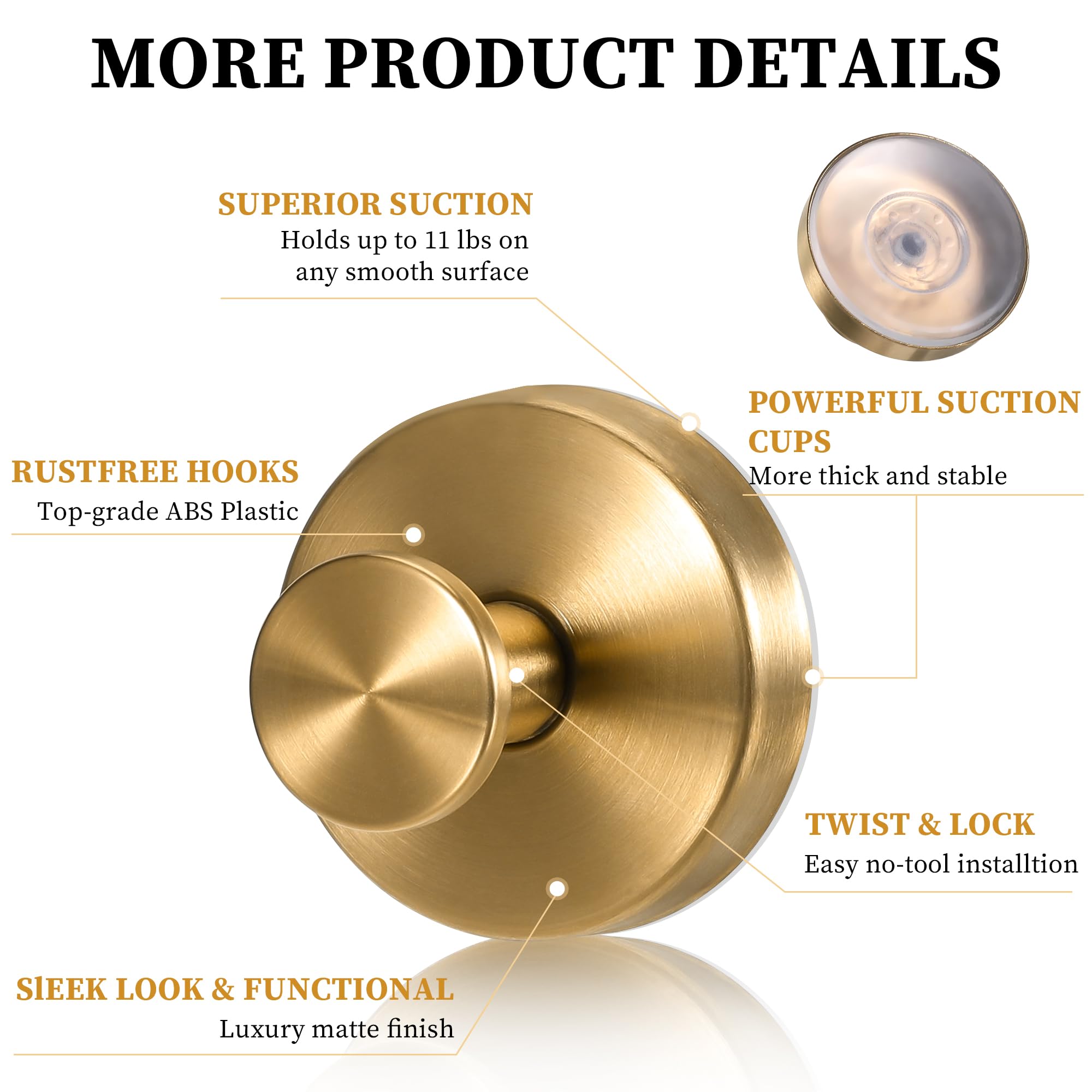 WIXUIPR Suction Cup Hooks for Shower Towel Loofah Robe Hooks for Bathroom Kitchen Stainless Steel Waterproof No Drill Suction Cup Hook Hanging on Shower Glass Door Mirror Tile (2, Brushed Gold)