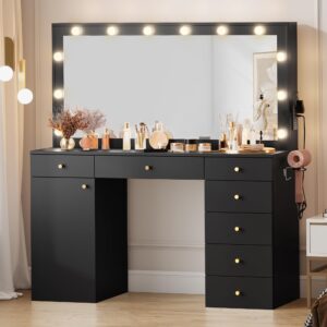 yitahome makeup vanity desk set with mirror and lights, 56'' dressing table with large tabletop, 3 color modes adjustment, power outlet, 7 drawers, cabinet, bedroom (black)