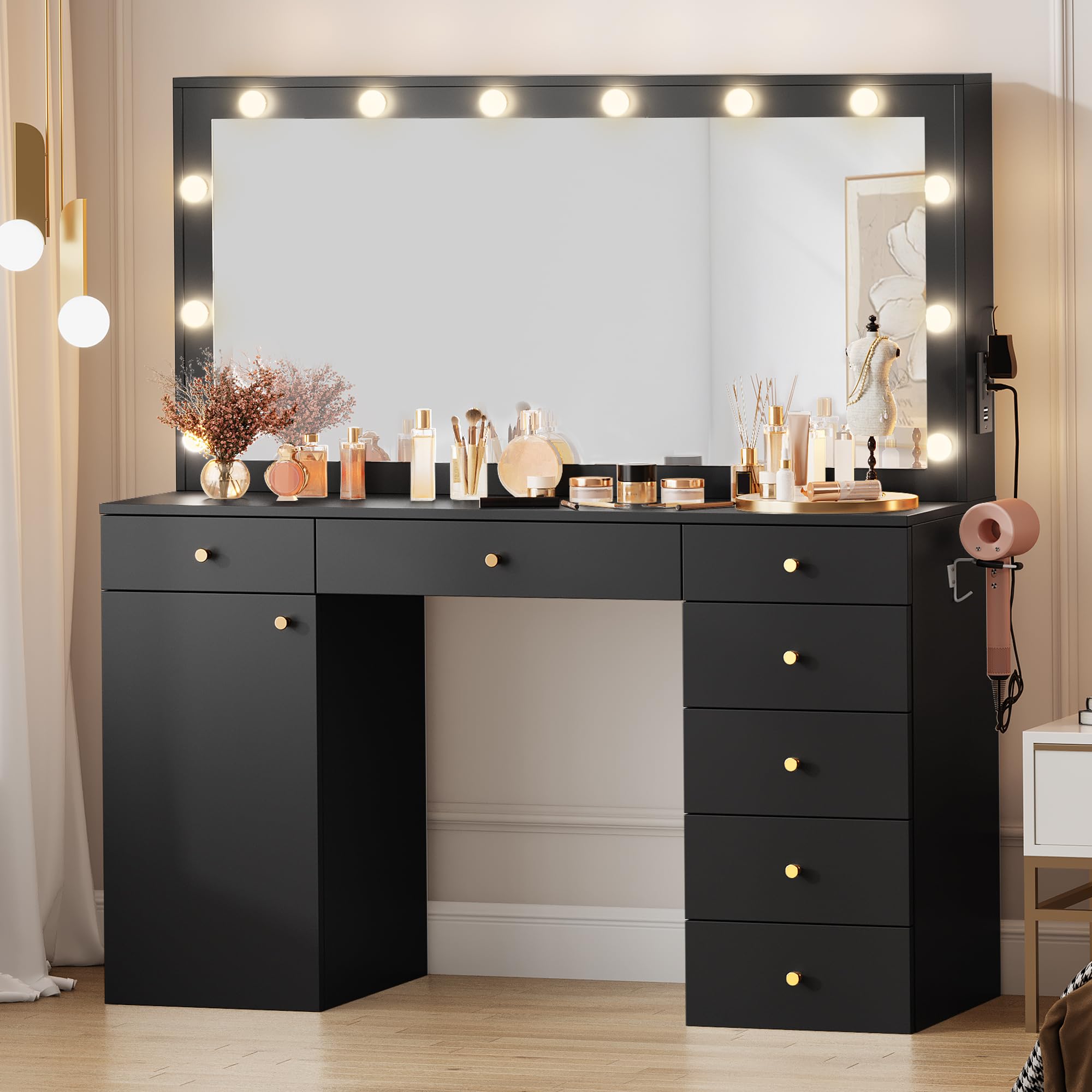 YITAHOME Makeup Vanity Desk Set with Mirror and Lights, 56'' Dressing Table with Large Tabletop, 3 Color Modes Adjustment, Power Outlet, 7 Drawers, Cabinet, Bedroom (Black)