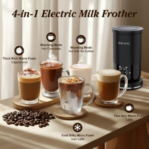 DEVINC Milk Frother, 4-in-1 Milk Frother and Steamer, Hot and Cold Foam Maker and Milk Warmer with Auto Shut-Off, Electric Frother for Coffee, Latte, Cappuccino, Matcha