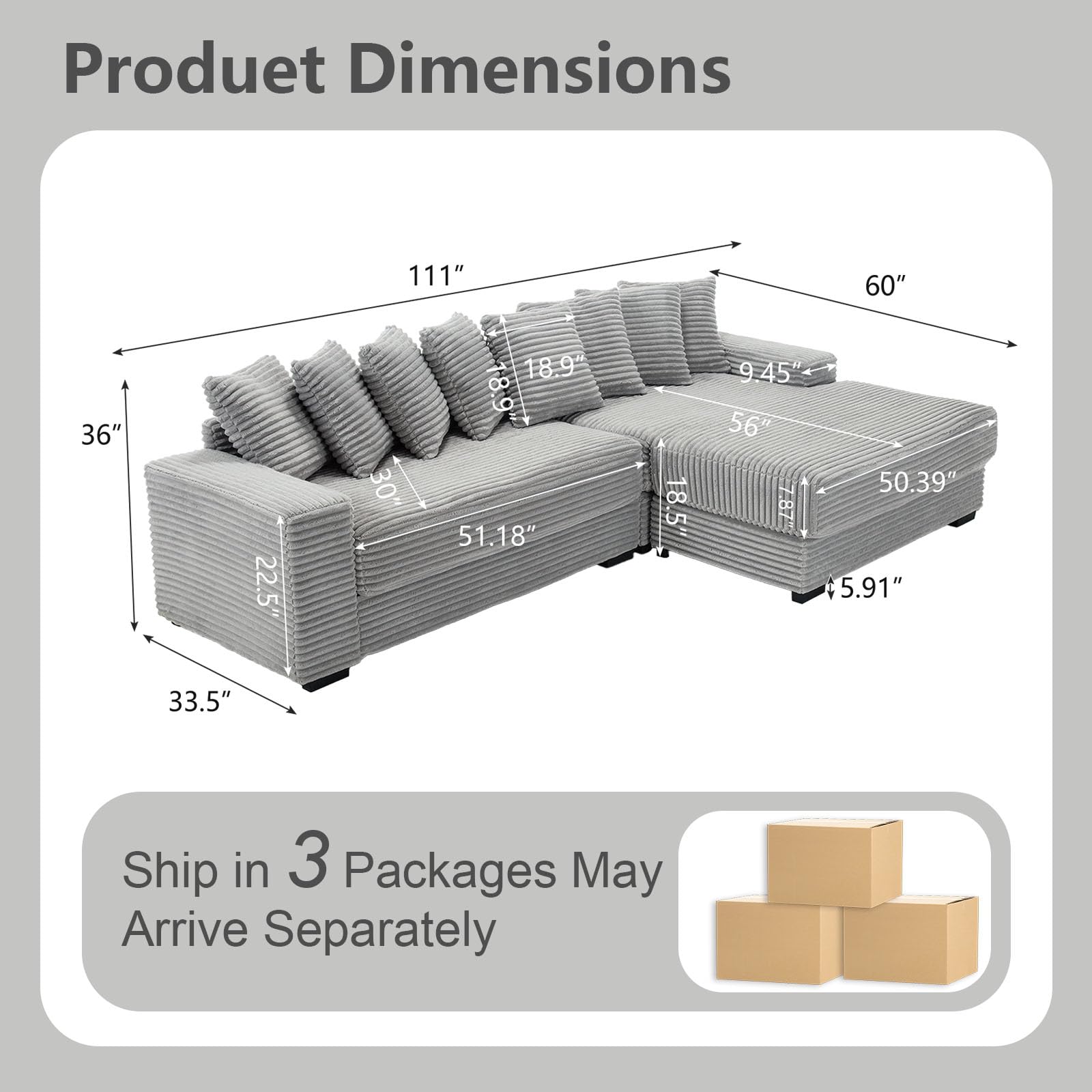 111" L Shape Sofa Couch with 8 Pillows,Comfy Sectional Cloud Couch for Living Room,L-Shaped 3 Seat with Right-Side Chaise,Corduroy Fabric,Grey