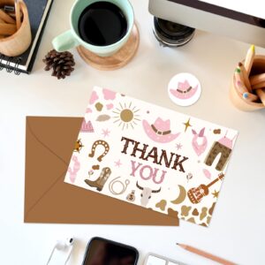 Whaline 24 Pack Western Cowgirl Thank You Cards Pink Brown Greeting Cards with Envelope Stickers Blank Note Cards for Baby Shower Party Supplies, 4 x 6 Inch