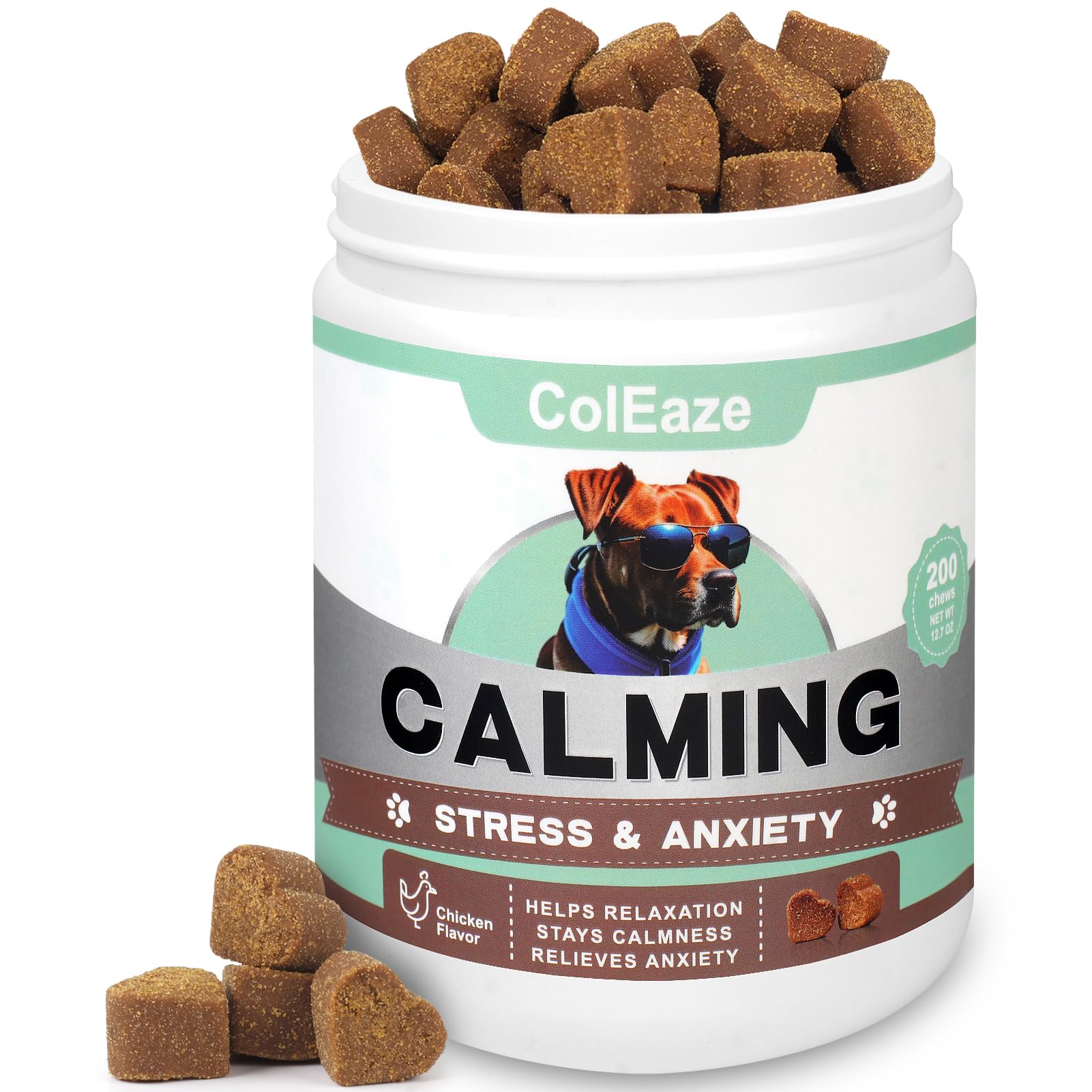 ColEaze Dog Calming Chews, 200 Count Dog Calming Treats, Anxiety Relief for Dogs, Sleep Calming Aid, Health & Wellness Supplements for Dog Separation Barking, Chicken Liver Flavor