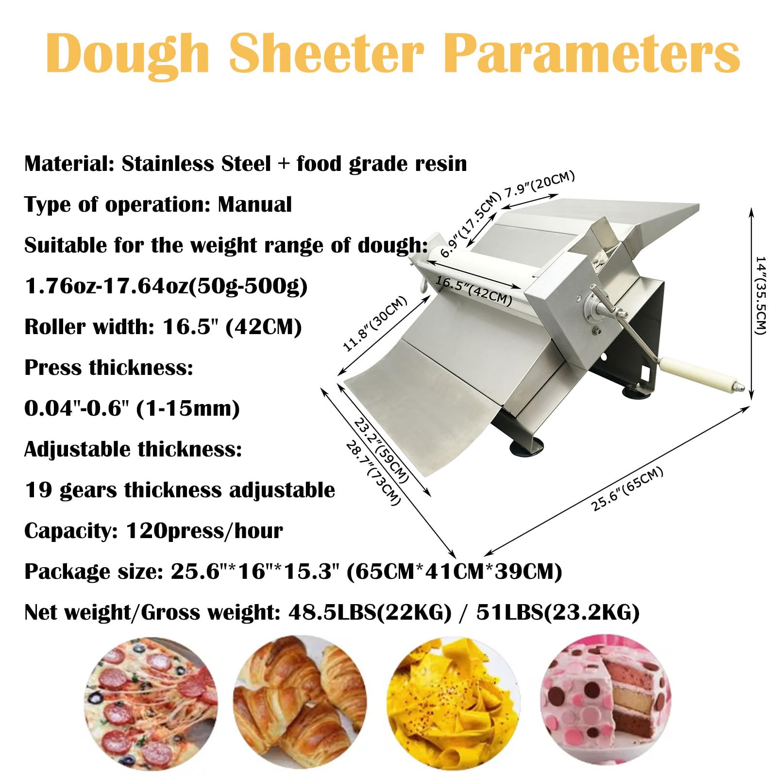 HayWHNKN Manual Dough Sheeter 16.5'' Dough Roller Sheeter Fondant Sheeter Stainless Steel Dough Press Machine Pastry Machine Pasta Maker for Fondant, Croissants, Icing, Pizza and Puff Pastry