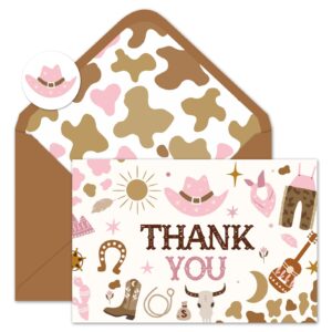 whaline 24 pack western cowgirl thank you cards pink brown greeting cards with envelope stickers blank note cards for baby shower party supplies, 4 x 6 inch