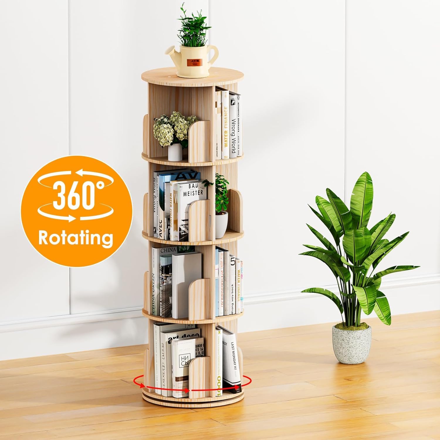 Kinembold 4 Tier Rotating Bookshelf, Floor Standing Spinning Bookshelf Tower for Kids, 360 Display Revolving Corner Bookcase for Small Space, Round Book Shelf Organizer for Bedroom, Living Room