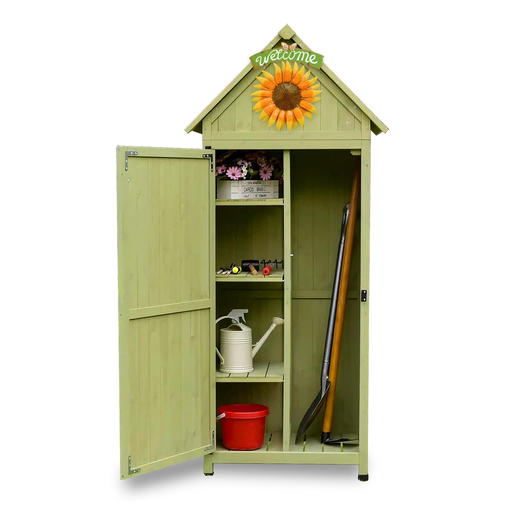 FTCBNet Outdoor Storage Cabinet,Wooden Garden Shed with Galvanized Sheet Waterproof Roof,3 Removable Shelves and Lockable Doors for Yard,Patio,Deck and Porch (Green)