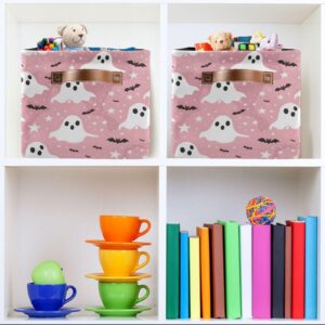 DALAWU Fabric Storage Boxes with Leather Handle, Set of 2, Halloween Ghosts Stars Waterproof Collapsible Canvas Organiser Cubes Bins for Toys Clothes Shelves Closet Household Organizer