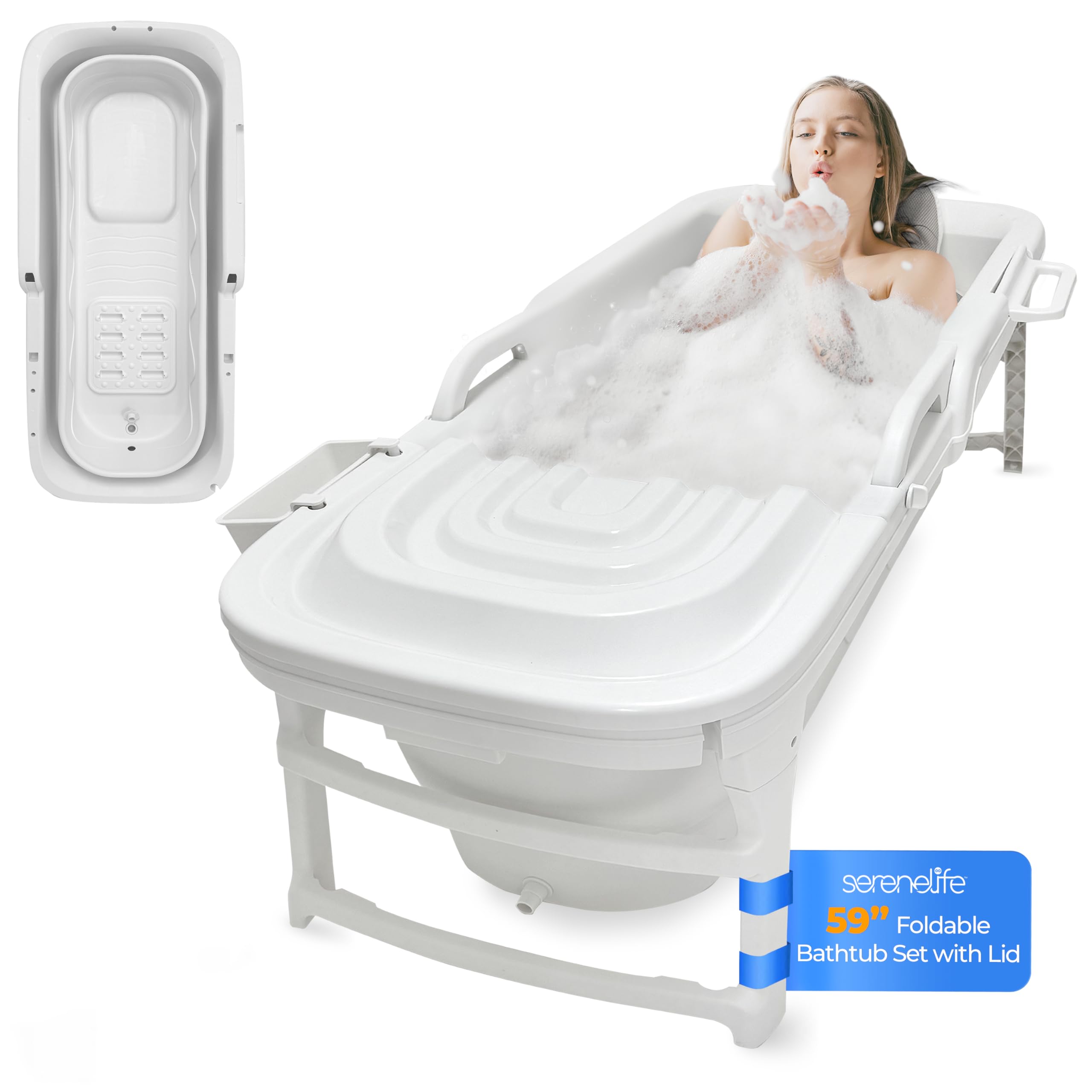 SereneLife Freestanding Portable Bathtub Spa Set – Large 59" Foldable Bath, Cushion, Stretchable Drain Pipe, Massager Rollers, Cleaning Spray & Storage Bag