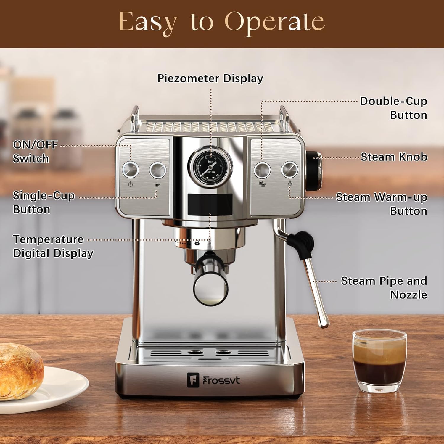 Frossvt Espresso Machine 20 Bar, Milk Frother Steam Wand, 60oz (1.8 Liters) Water Tank, 1350W for Home Barista Espresso Latte Macchiato and Cappuccino Maker