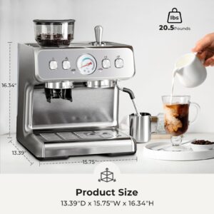 Havato Espresso Machine, 15 Bar Semi-Automatic Espresso Machine with Grinder & Milk Frother Steam Wand, 1350W Home Cappuccino Latte Machine with Removable 75 Oz Water Tank, Stainless Steel