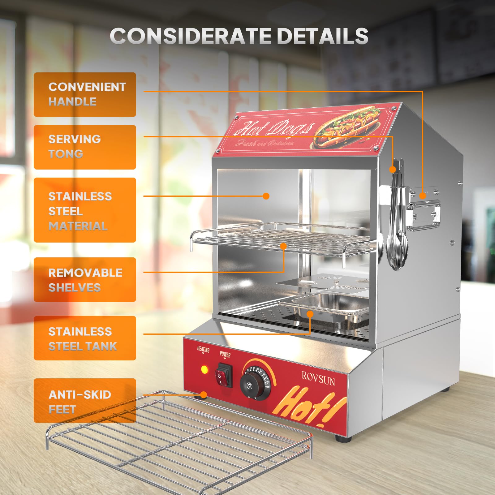 ROVSUN Hot Dog Steamer 175 Hot Dogs & 40 Buns Capacity, 31.7QT/30L Hut Steamer Hot Dog Steamer and Bun Warmer Cooker 2-Tier with Removable Shelves Food Clip for Party Event Concession Stand