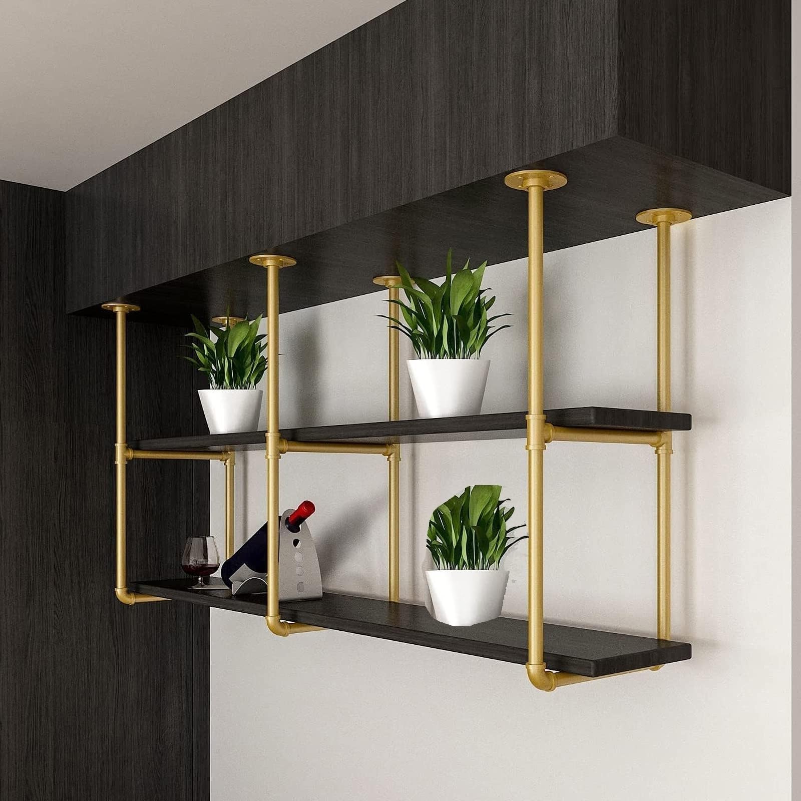 PAUANI Ceiling Wine Holder - Hanging Storage Shelves, 2 Layer Solid Wood Minimalist Floating Shelves, Multifunction Home Plant Stands, for Kitchen/Restaurant/Bar, Easy to Install(60 * 30 * 90cm)