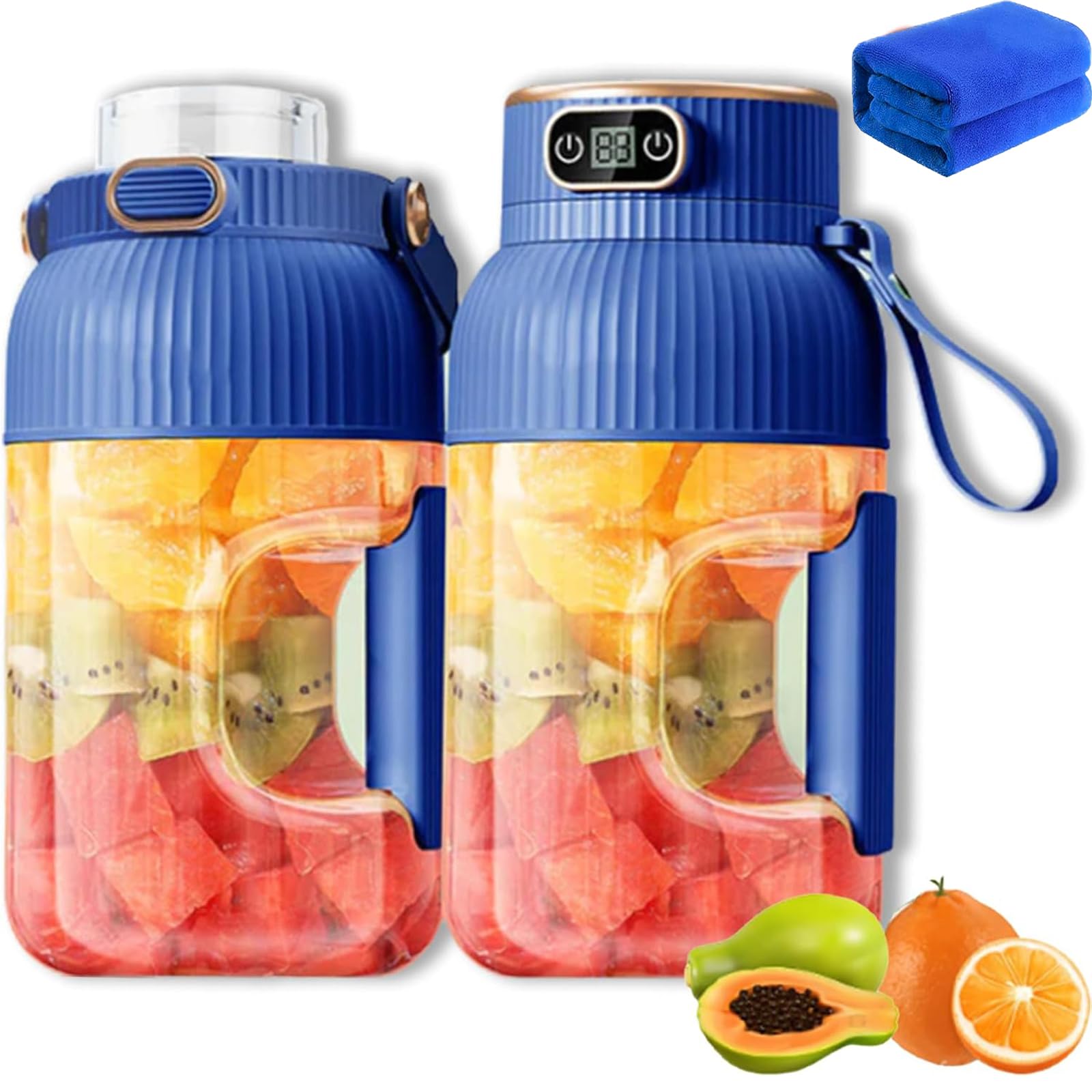 Multifunctional Portable Juicer Cup With Digital Display, Usb Rechargeable Mini Portable Juicer, Portable Smoothie Blender On The Go, Perfect For Smoothies, Shakes (Blue-Double cups and lids)