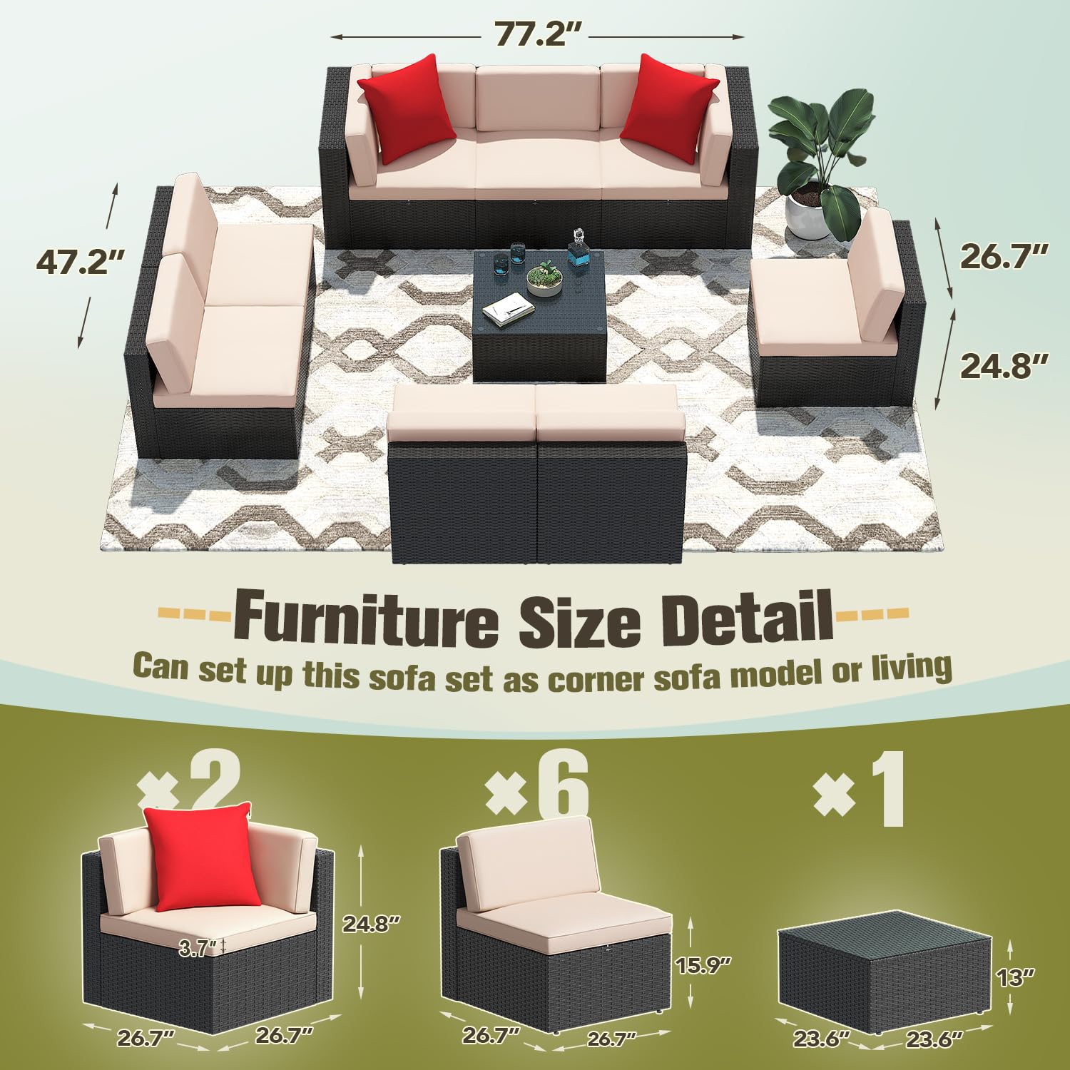 Greesum Patio Furniture Sets 9-Pieces Outdoor PE Rattan Sectional Sofa with Thickened Cushions and Glass Coffee Table,Beige