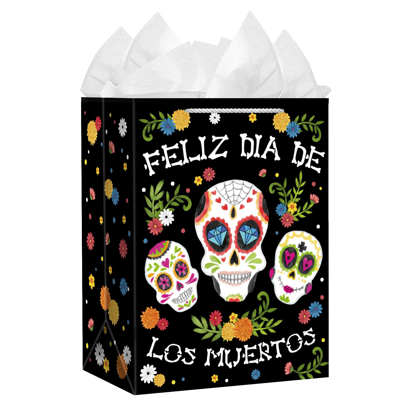 JUESMOS Day of The Dead Gift Bags with Tissue Paper Halloween Treat Bags Sugar Skull Day of The Dead Party Paper Bags Goodie Bags for Day of The Dead Party Favors Decorations Mexican Fiesta Supplies