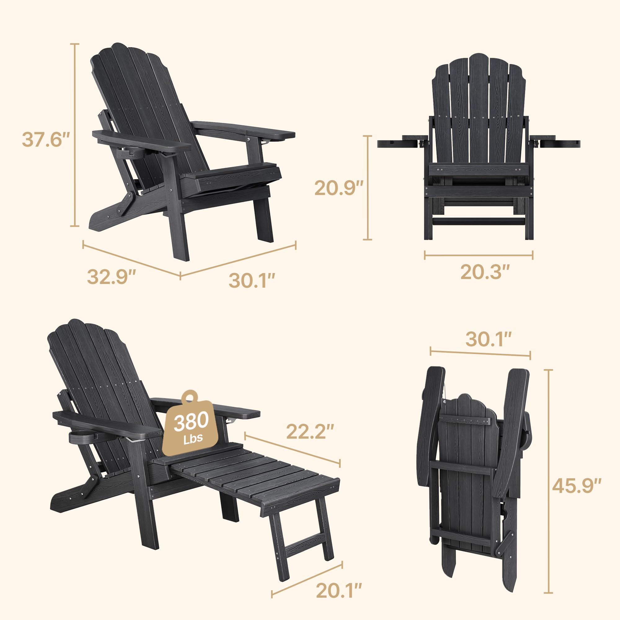 Ahomly Adjustable Backrest Adirondack Chair with Ottoman & 2 Cup Holders, HIPS All-Weather Folding Adjustable Adirondack Chair, for Outdoor, Beach, Pool, Porch, Lawn, Black