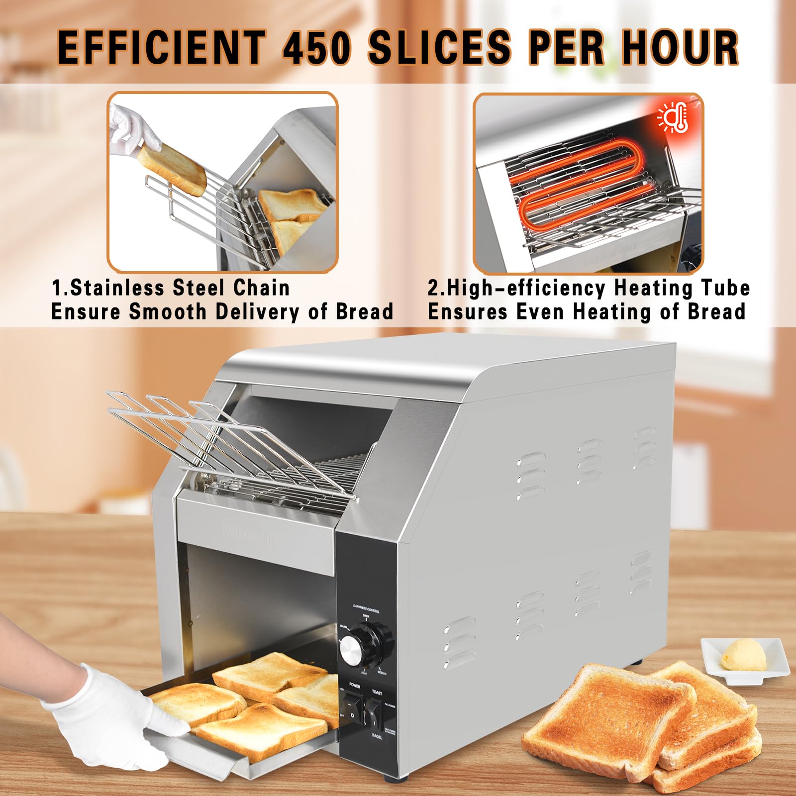 EASYROSE Commercial Conveyor Toaster 450 Slices/Hour Commercial Toaster Oven, 10" Wideness Conveyer Belt Heavy Duty Toasters for Restaurant Hotel Bun Bagel Bread, 120V,1800W, ETL