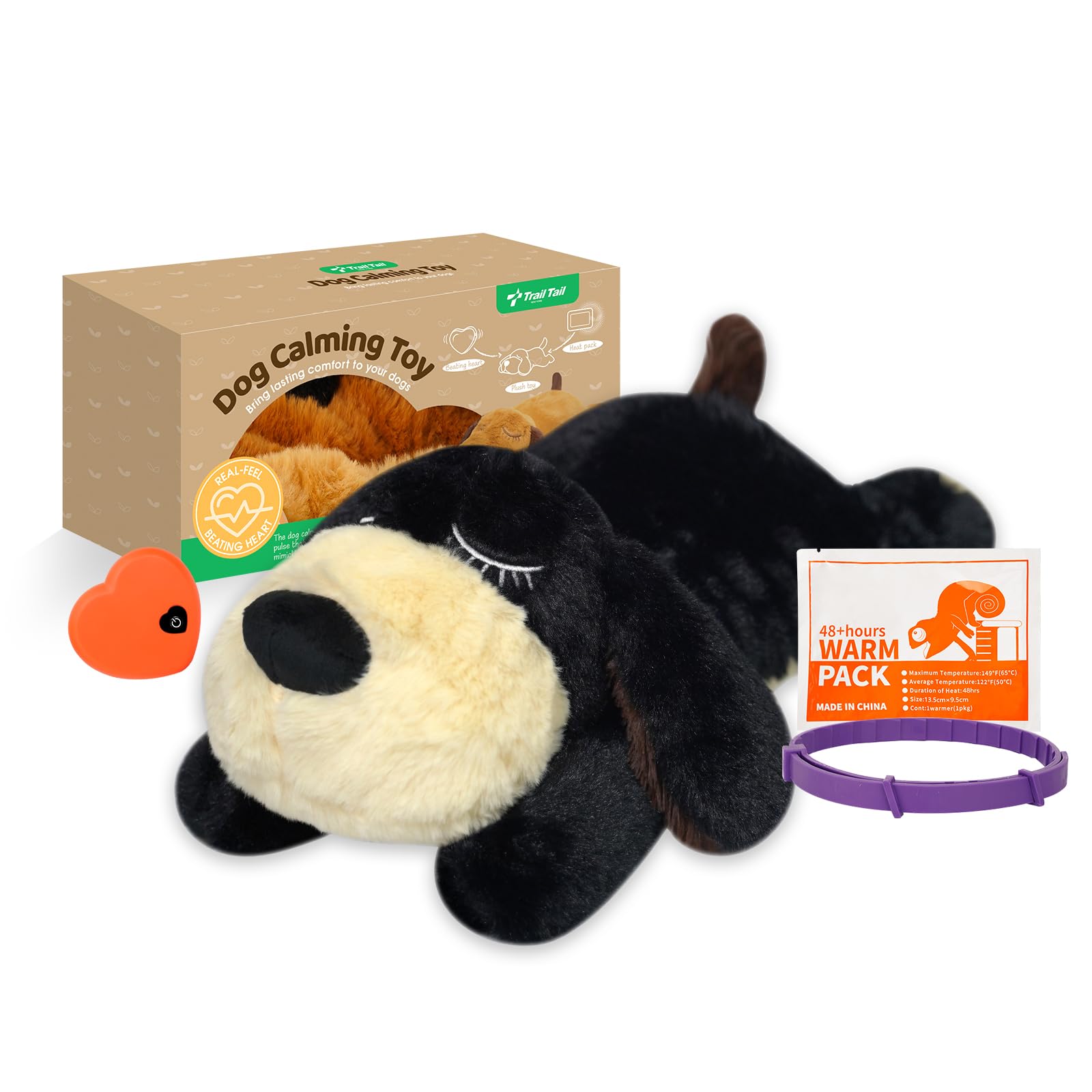 Trail Tail Dogs Calming Toy with Heartbeat, Dog Anxiety Relief Calming Aid,Anxiety Relief for Dogs Calming,Box Included a pet Calming Collars,48h Warm Pack,Plush Puppy Toy,Heartbeat Toy(Black)