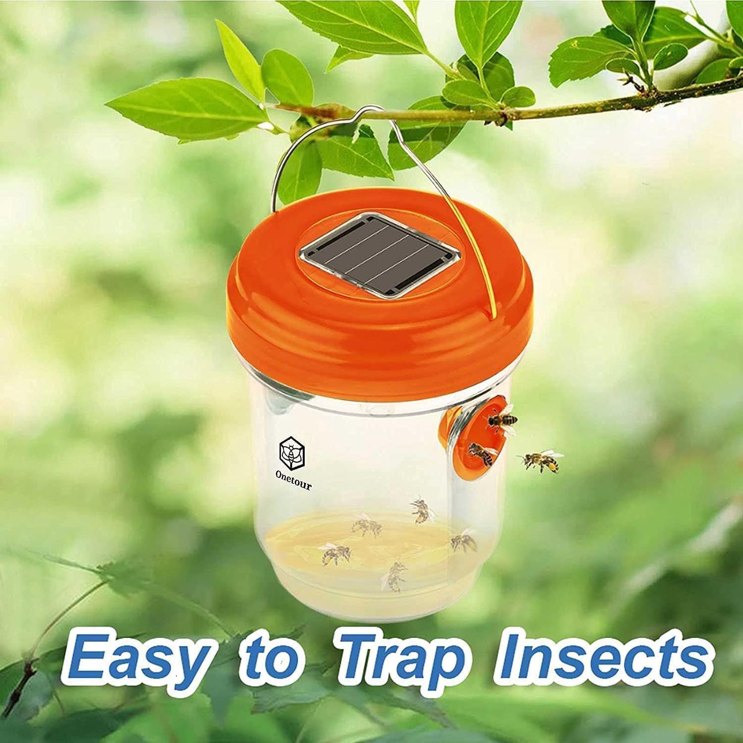 2 Pack Solar Wasp Traps, Solar Powered Wasp Killer Hanging with UV LED Light, Reusable Bee Trap Catcher Outdoor for Hornets, Yellow Jackets