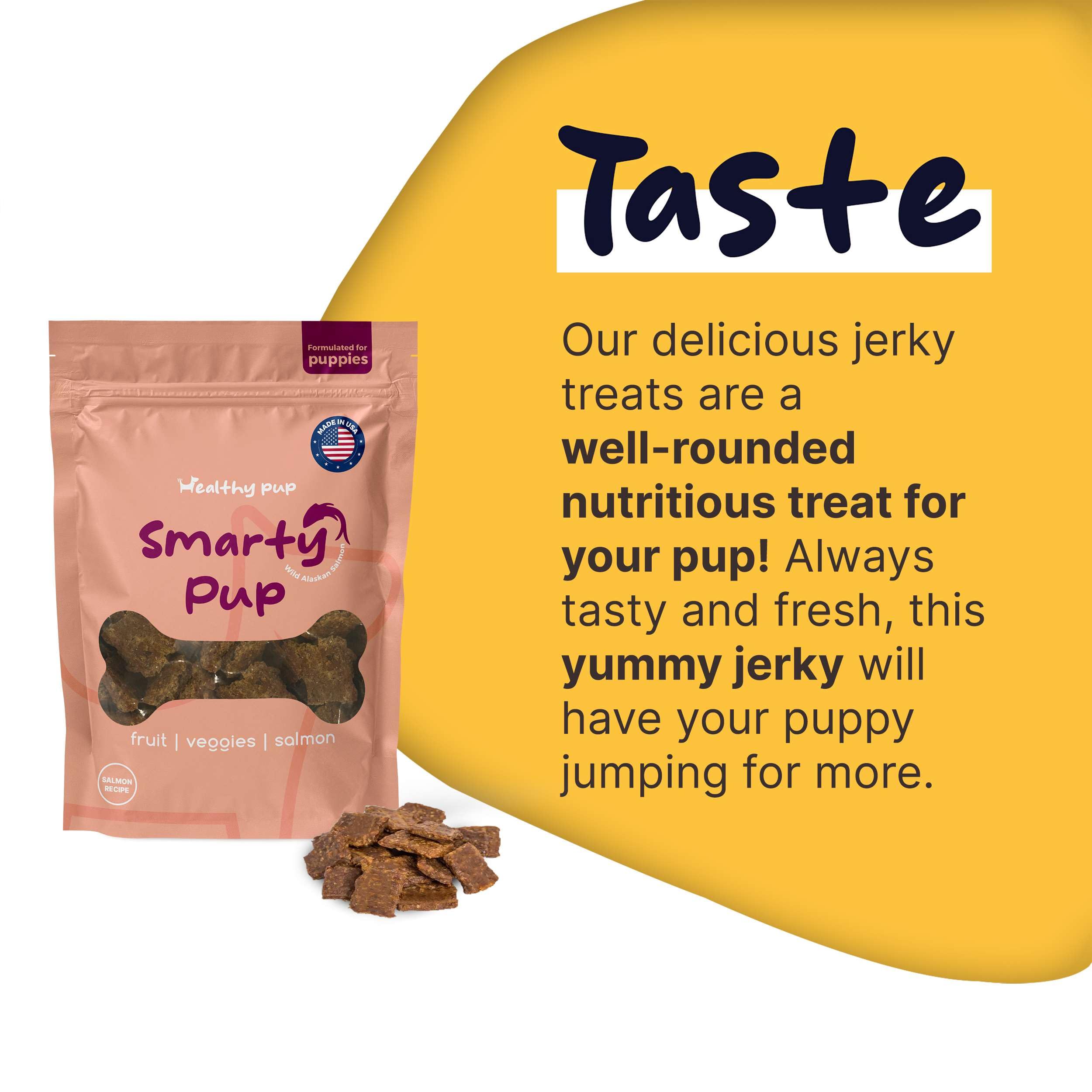 Smarty Pup Salmon Jerky - 5 oz of Fruit, Veggies, and Salmon Dog Treats – Puppy Jerky Made with Apples, Carrots, Sweet Potato, Wild Alaskan Salmon, Blueberries, Cranberries, and More