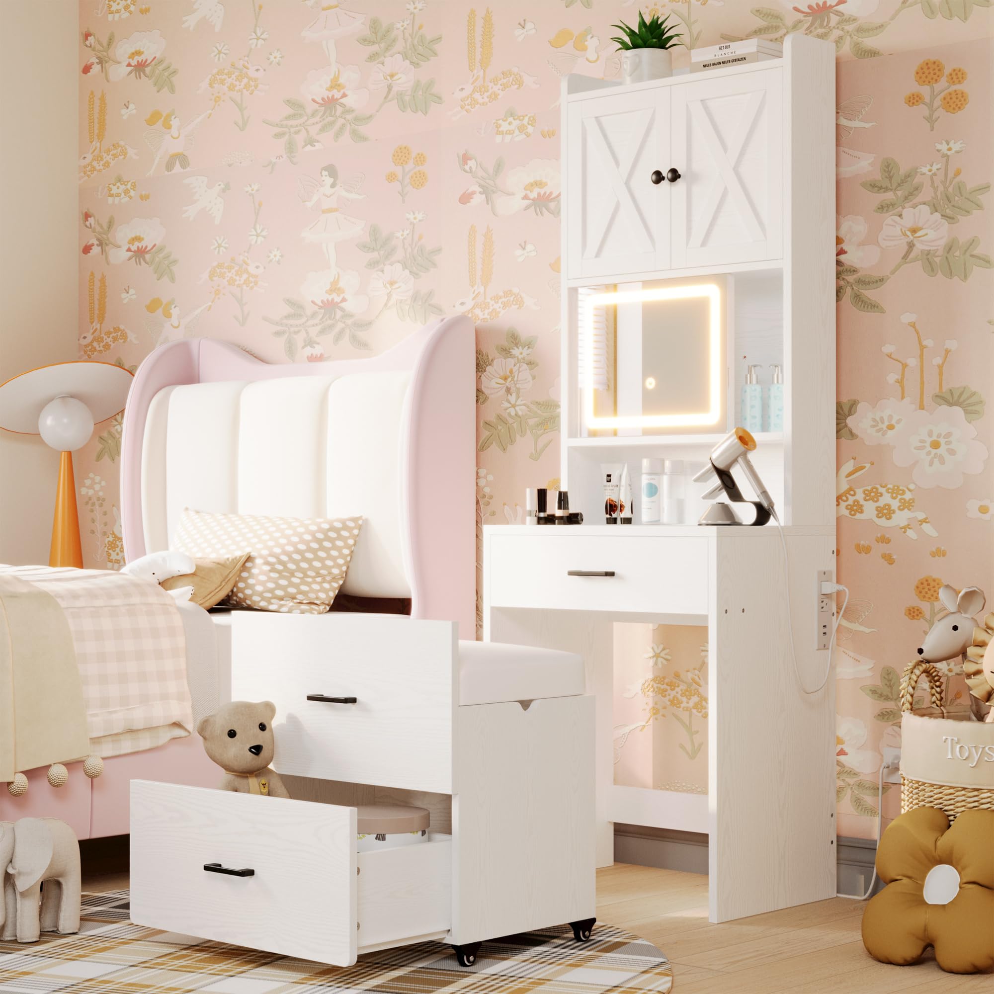 LIKIMIO Vanity Desk Set with Mirror and Light, Small Compact Makeup Vanity Desk with Drawers and Charging Station, with Hidden Storage and Comfortable Stool