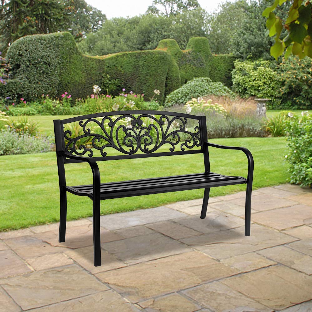 50" Iron Outdoor Courtyard Bench – Stylish and Durable Park Seating