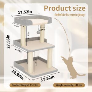 Durable Cat Scratching Post with Bed, Multi-Level 27.56in Cat Tree with Scratching Posts of Natural Sisal, All-Season Cat Tree for Indoor Large Cats, Kittens (Grey)