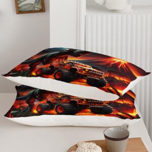 AILONEN Cartoon Monster Trucks Bedding Set for Kids,Boys,Girls Twin Size, Fire Dinosaur Duvet Cover Set for Bedroom Decor,Boho Style Comforter Cover,3-Piece,1 Quilt Cover and 2 Pillowcases,Breathable