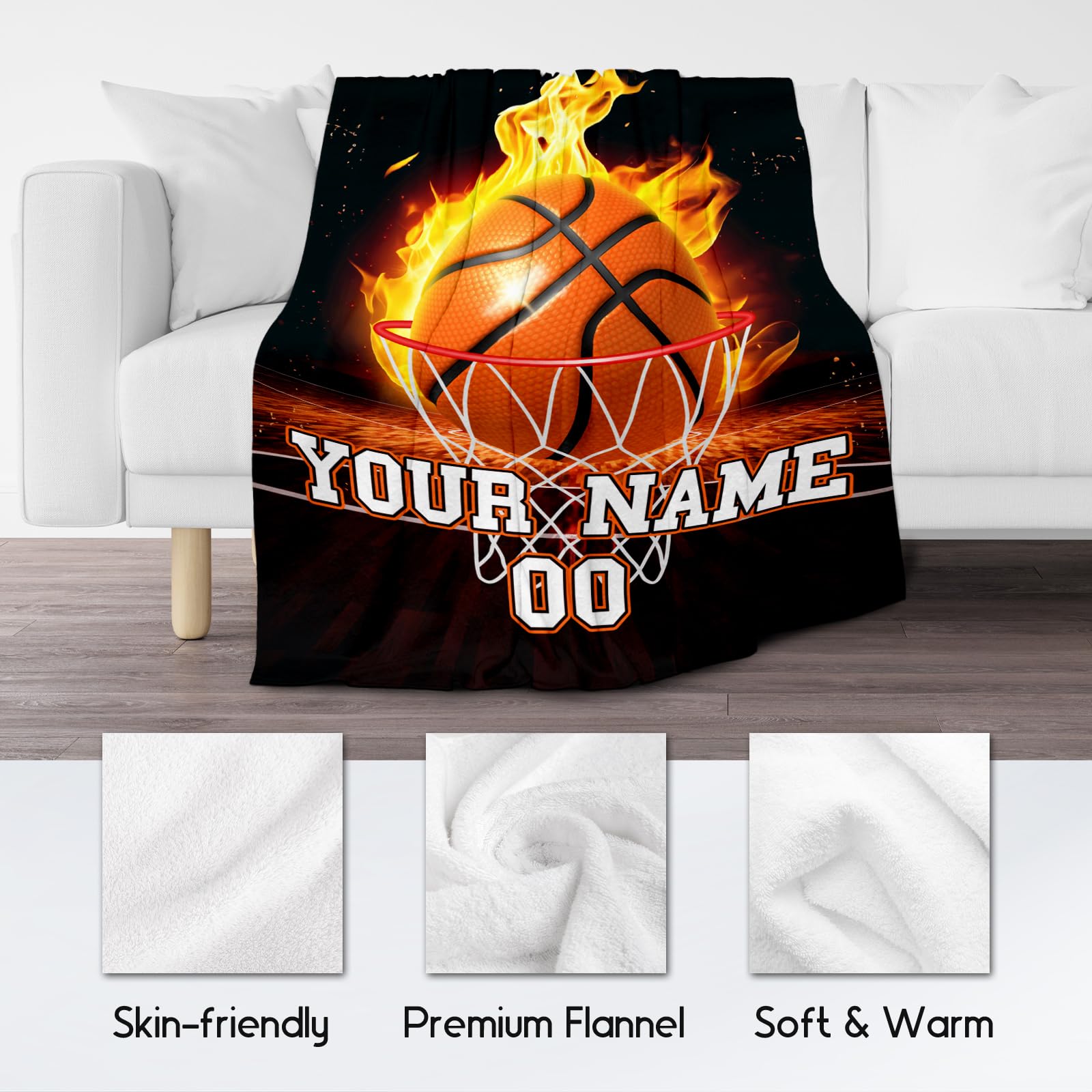 Personalized Basketball Blanket - Soft, Fuzzy & Warm Sports Throw Blanket for Boys Girls Teens - 50"x60" Large Blanket for Couch, Bed - Black Throw Gifts for Basketball Lovers