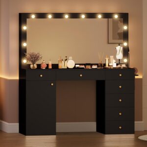 YITAHOME Makeup Vanity Desk Set with Mirror and Lights, 56'' Dressing Table with Large Tabletop, 3 Color Modes Adjustment, Power Outlet, 7 Drawers, Cabinet, Bedroom (Black)