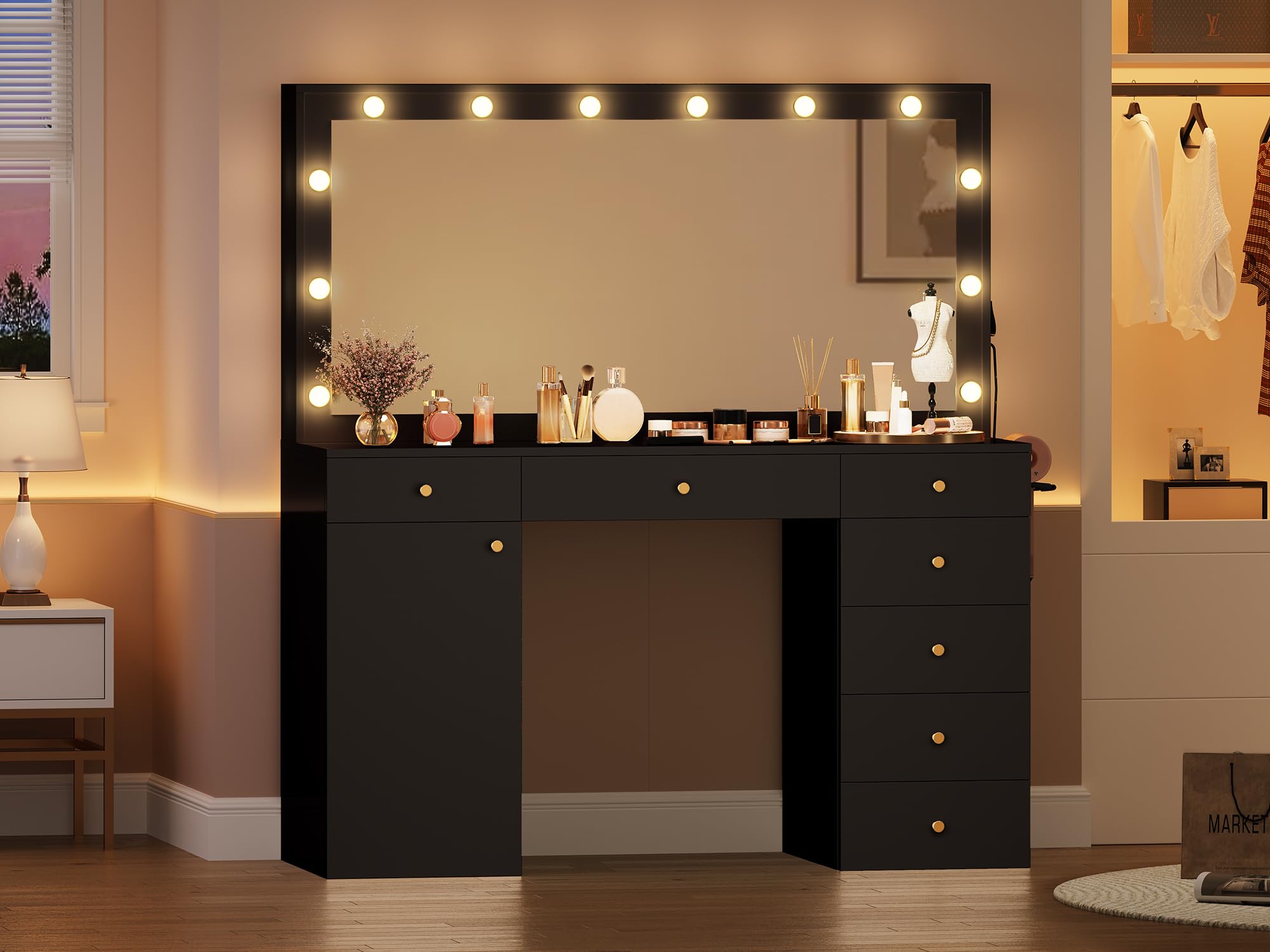 YITAHOME Makeup Vanity Desk Set with Mirror and Lights, 56'' Dressing Table with Large Tabletop, 3 Color Modes Adjustment, Power Outlet, 7 Drawers, Cabinet, Bedroom (Black)