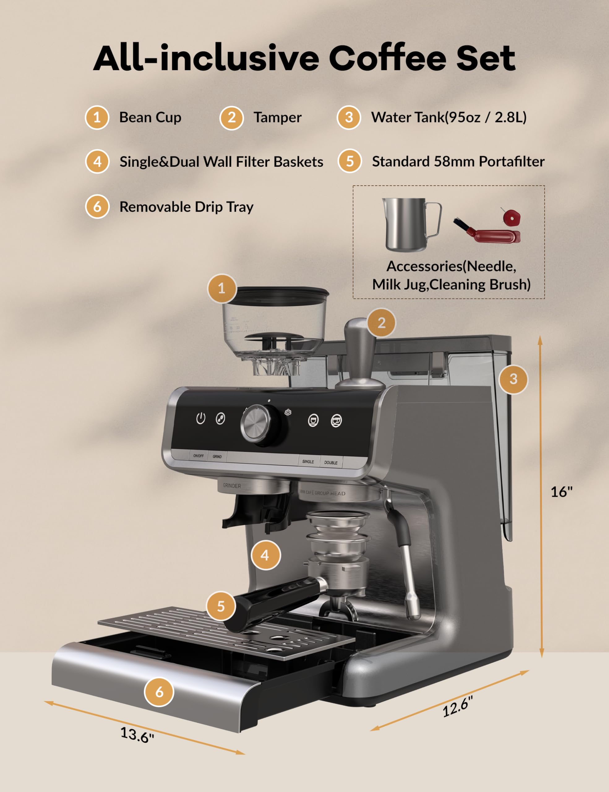 SPORTY&FIT Semi-Automatic Espresso Machine With Grinder, 20 Bar Espresso Maker Coffee Machine Cappuccino Machine with Milk Frother & 95oz Removable Water Tank for Home Office (Light Grey)