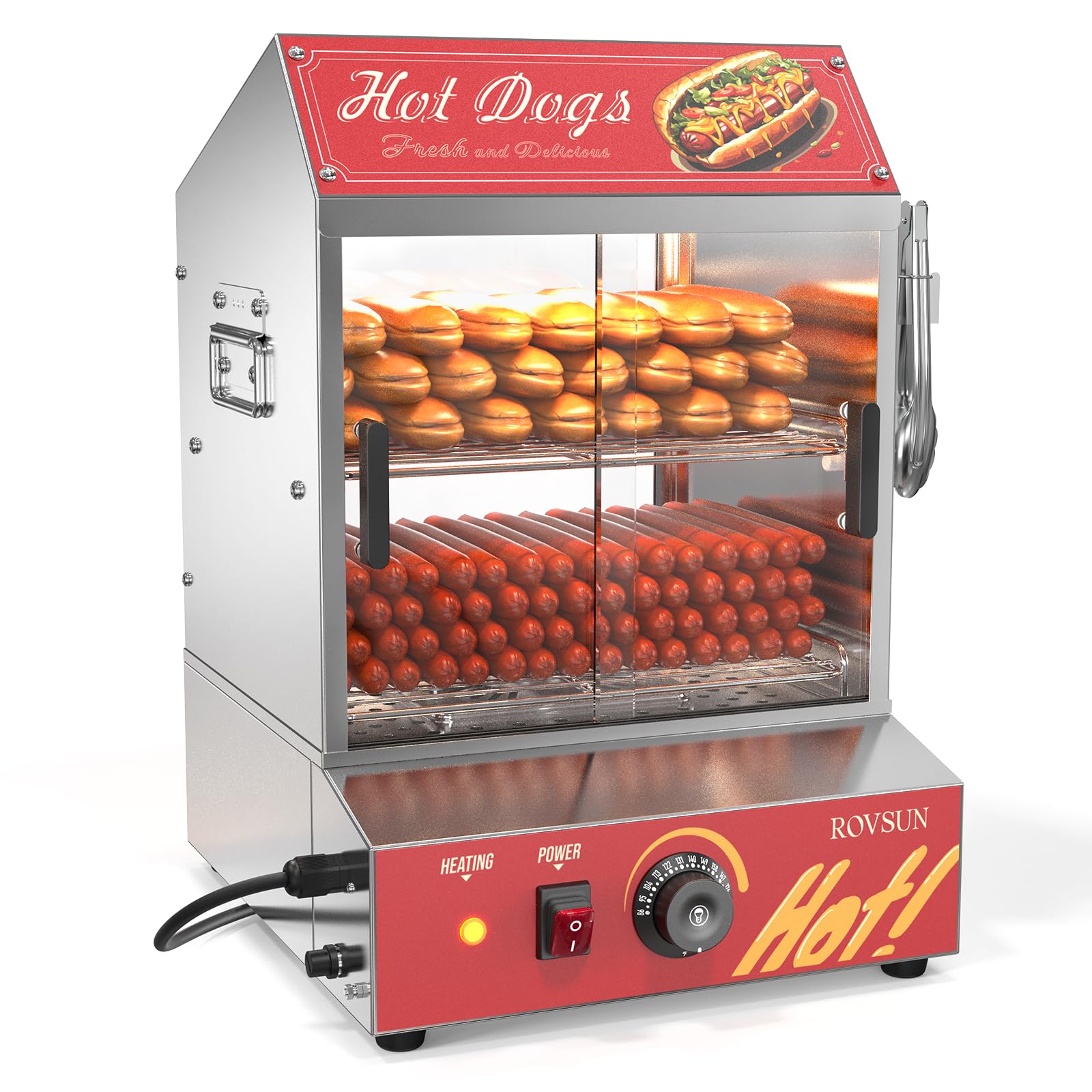 ROVSUN Hot Dog Steamer 175 Hot Dogs & 40 Buns Capacity, 31.7QT/30L Hut Steamer Hot Dog Steamer and Bun Warmer Cooker 2-Tier with Removable Shelves Food Clip for Party Event Concession Stand