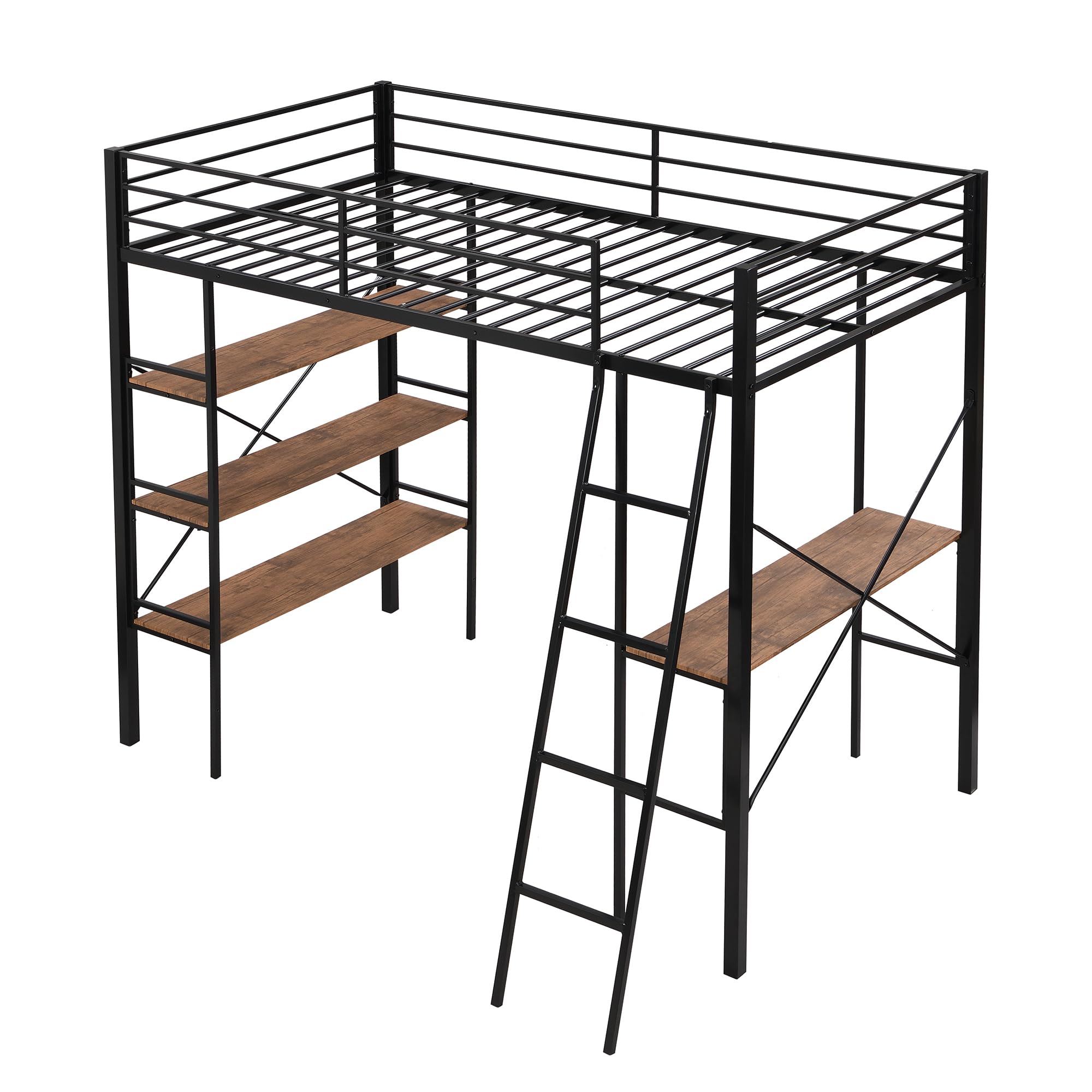 Metal Loft Bed Twin Size, Twin Loft Bed with Desk and Storage Shelves, Twin Size Loft Bed with Guardrail and Ladder, Heavy Duty Loft Bed for Kids, Teens (Twin Black)