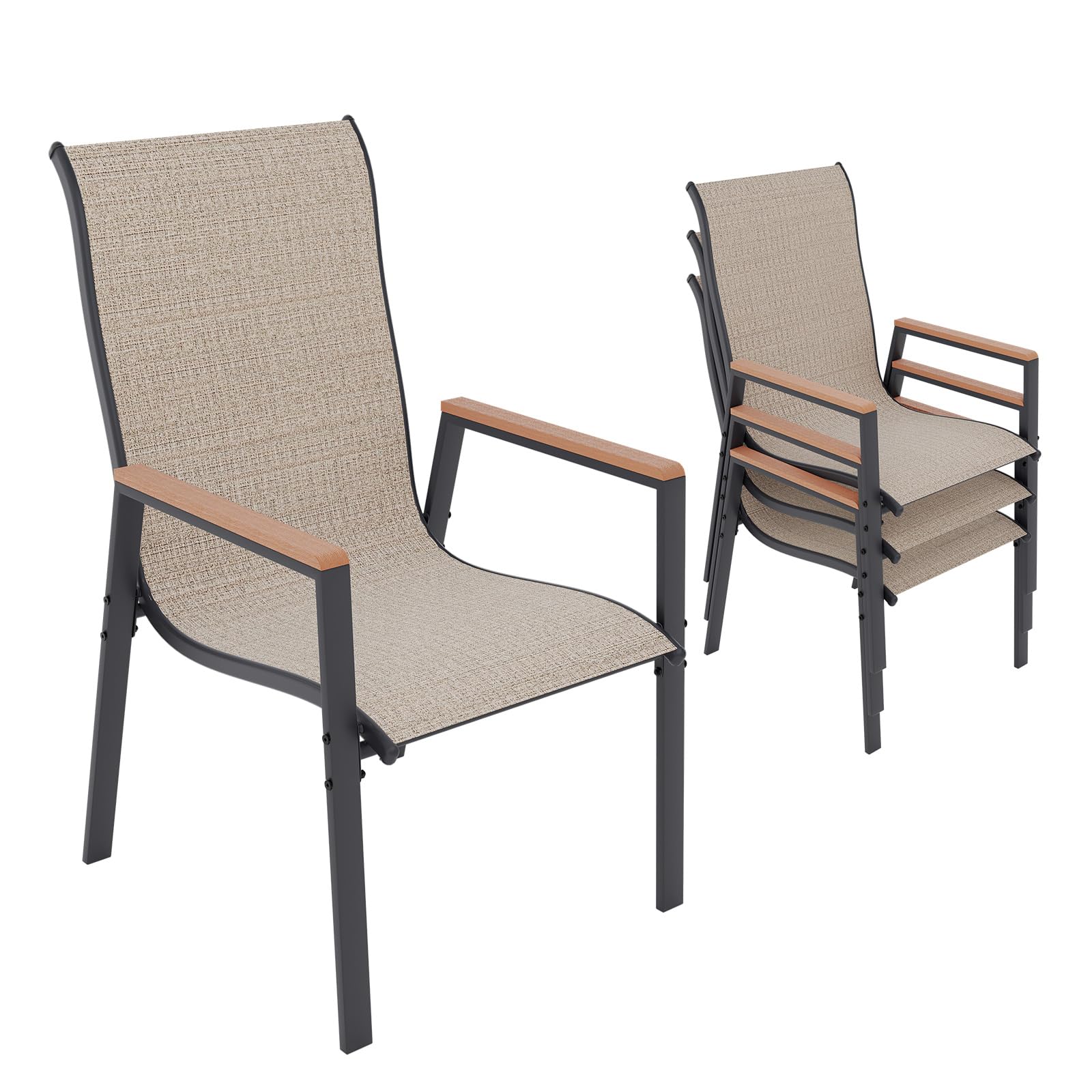 AMPATIO Patio Dining Chairs Set of 4, Outdoor High Stacking Chairs, Breathable Seat Fabric and Alloy Steel Frame for Backyard Porch Garden Sunroom (Brown)