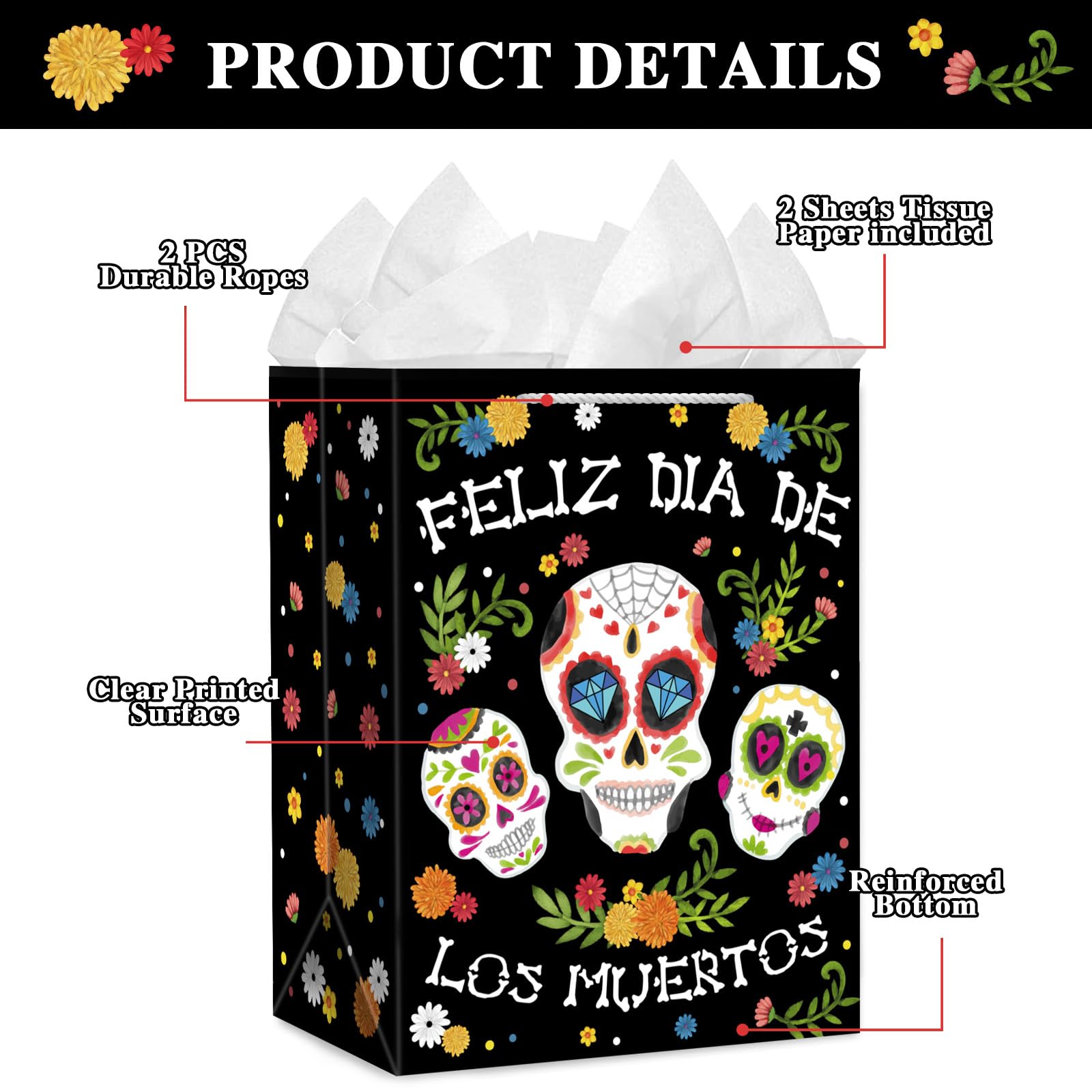 JUESMOS Day of The Dead Gift Bags with Tissue Paper Halloween Treat Bags Sugar Skull Day of The Dead Party Paper Bags Goodie Bags for Day of The Dead Party Favors Decorations Mexican Fiesta Supplies