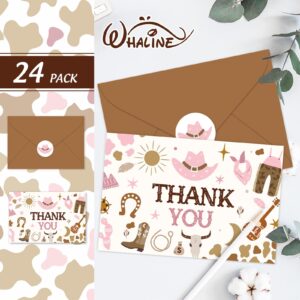 Whaline 24 Pack Western Cowgirl Thank You Cards Pink Brown Greeting Cards with Envelope Stickers Blank Note Cards for Baby Shower Party Supplies, 4 x 6 Inch