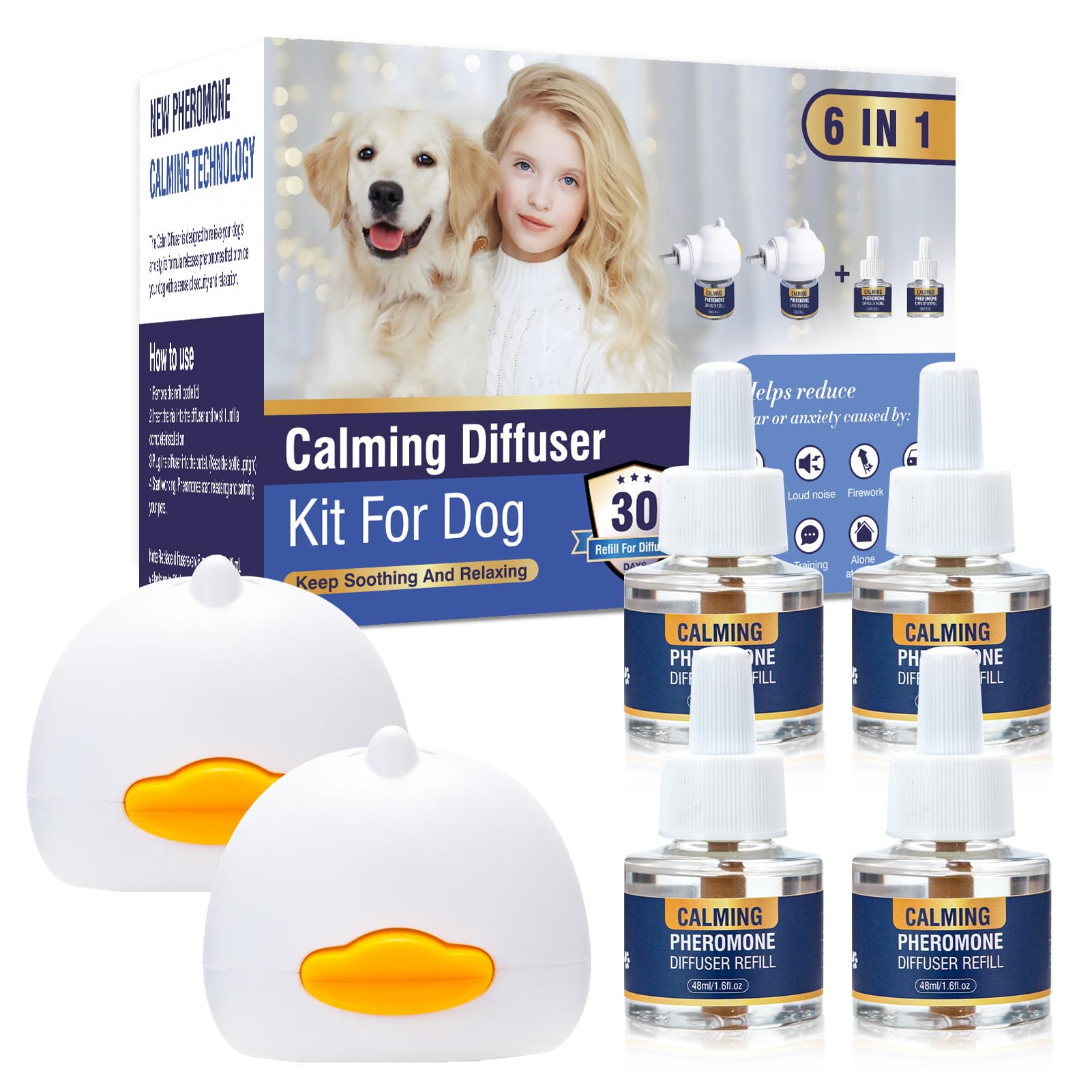 LKBHGF Dog Calming Pheromones Diffuser 6 in 1 Advanced Appeasing Pheromone Diffuser Kit (2 Plug in+4 Pack 48ml Refill) to Calm for Anxiety Relief Reduce Aggression Fighting Barking Stress (Tasteless)