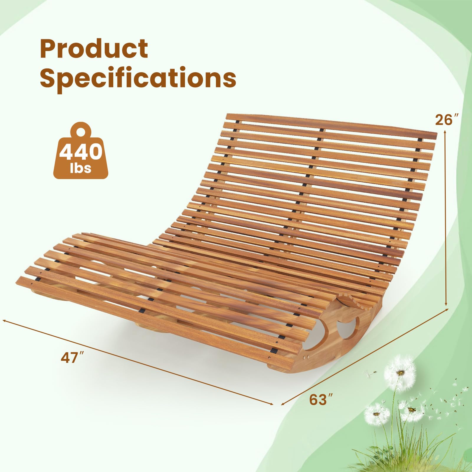 HAPPYGRILL Outdoor Acacia Wood Double Chaise Lounge, Rocking Chair with High Back, Slatted Seat, Stopper, Outside Wood Rocker for 2, 440 Lbs Capacity Sun Lounger Loveseat