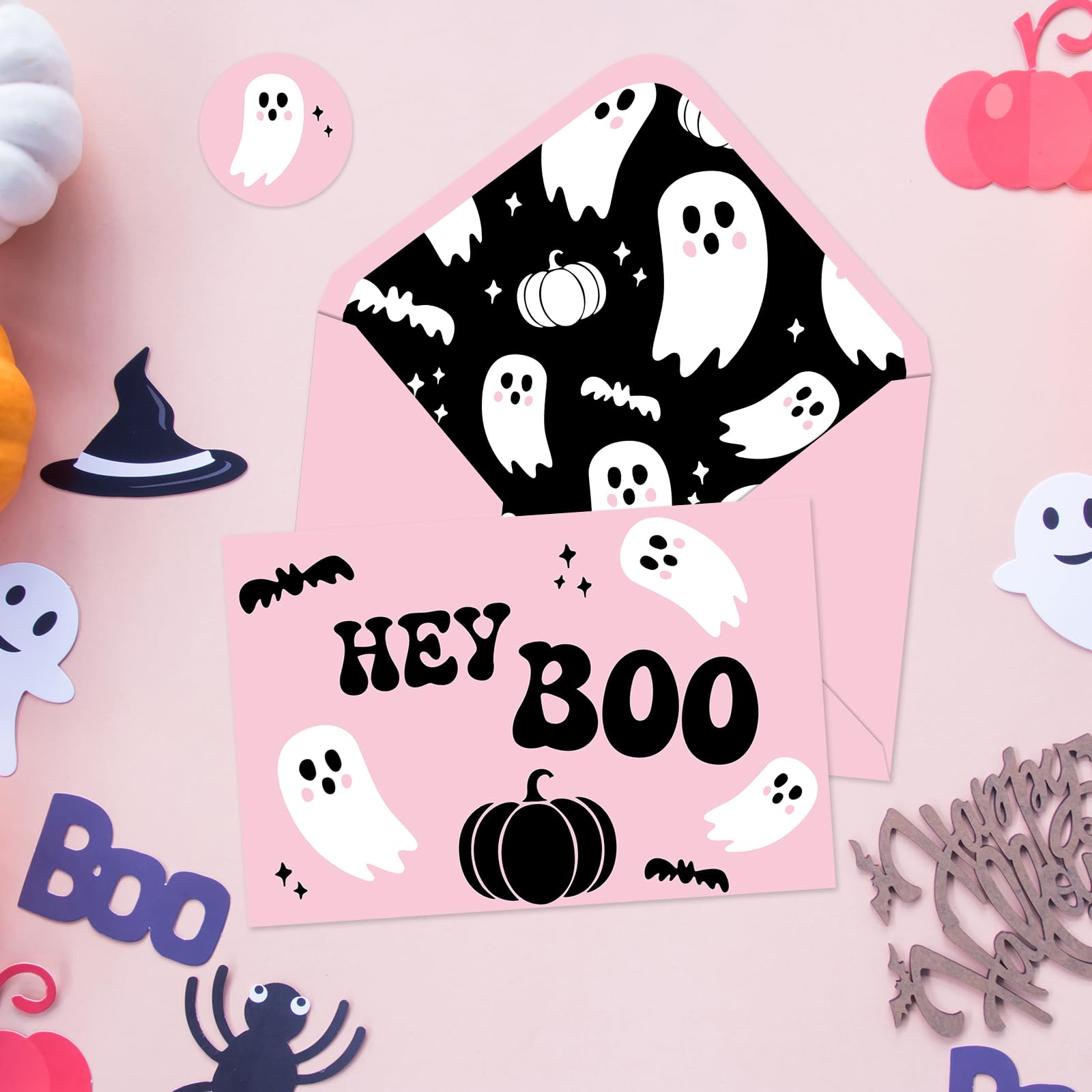 Whaline 24Pcs Halloween Ghost Thank You Cards with Envelopes and Stickers Pink Black Ghost Pumpkin Greeting Cards Little Boo Blank Note Cards for Party Supplies