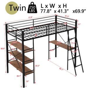 Metal Loft Bed Twin Size, Twin Loft Bed with Desk and Storage Shelves, Twin Size Loft Bed with Guardrail and Ladder, Heavy Duty Loft Bed for Kids, Teens (Twin Black)