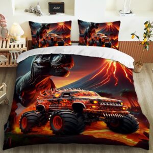 ailonen cartoon monster trucks bedding set for kids,boys,girls twin size, fire dinosaur duvet cover set for bedroom decor,boho style comforter cover,3-piece,1 quilt cover and 2 pillowcases,breathable