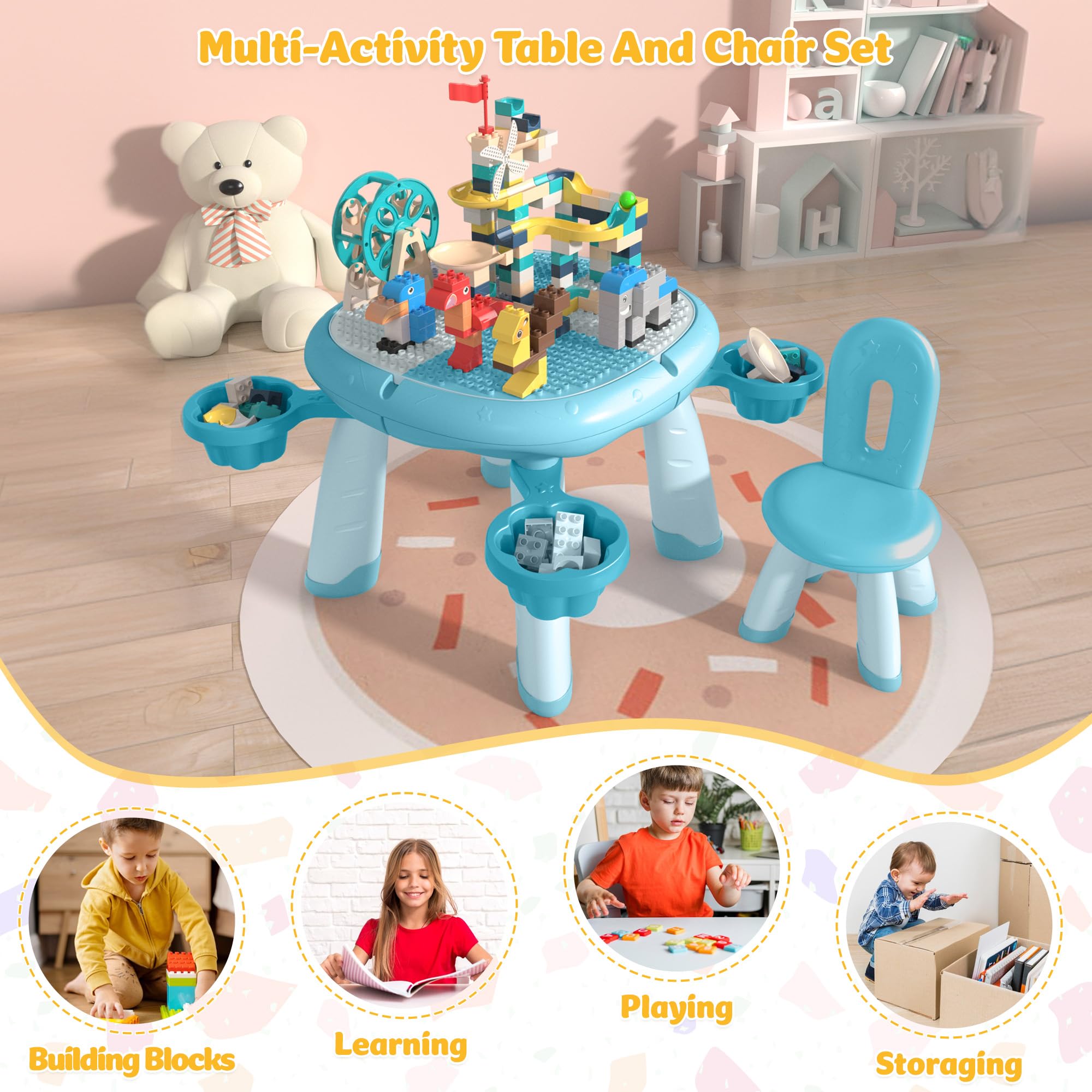 DOREROOM Kids Table and Chair, Kids Multi-Activity Table with Double-Side Tabletop, Toddler Table and Chair Set for Ages Over 1, Block Table with Storage, Toddler Activity Table for Daycare (Blue)