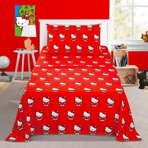 Hello Kitty Bedding Set Twin Bed - Bundle with Hello Kitty Bedspread, Flat Sheet, Fitted Sheet, and Pillowcase for Twin Bed Plus Posters, Decals, More | Hello Kitty Sheets for Girls