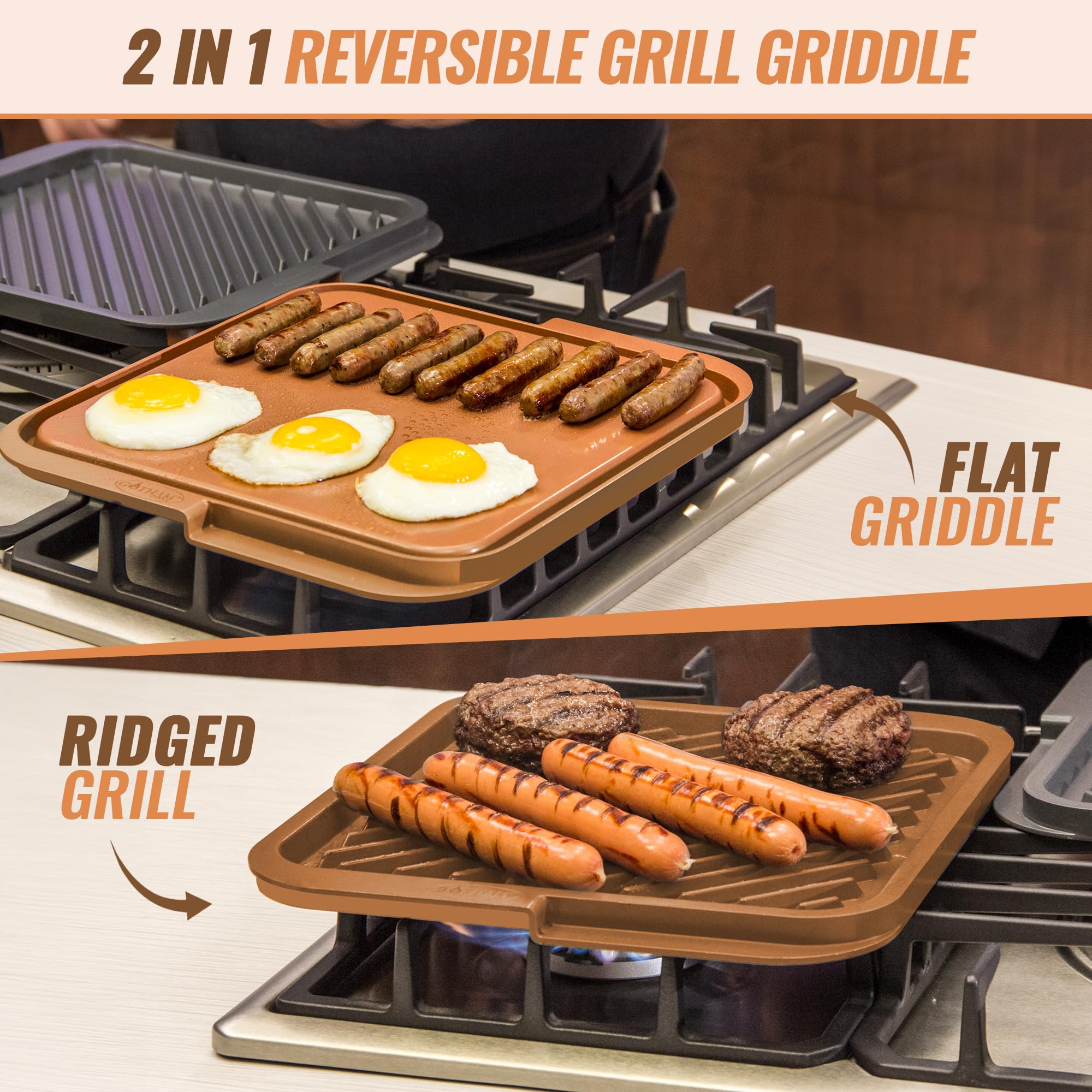 Gotham Steel Reversible Grill Pan and Griddle Pan for Stove Top with 3x Coated Surface Perfect for Eggs Pancakes Steaks and More, Stove Top Griddle for Gas Grill, Oven Safe, PFOA Free - 11.5 Inch